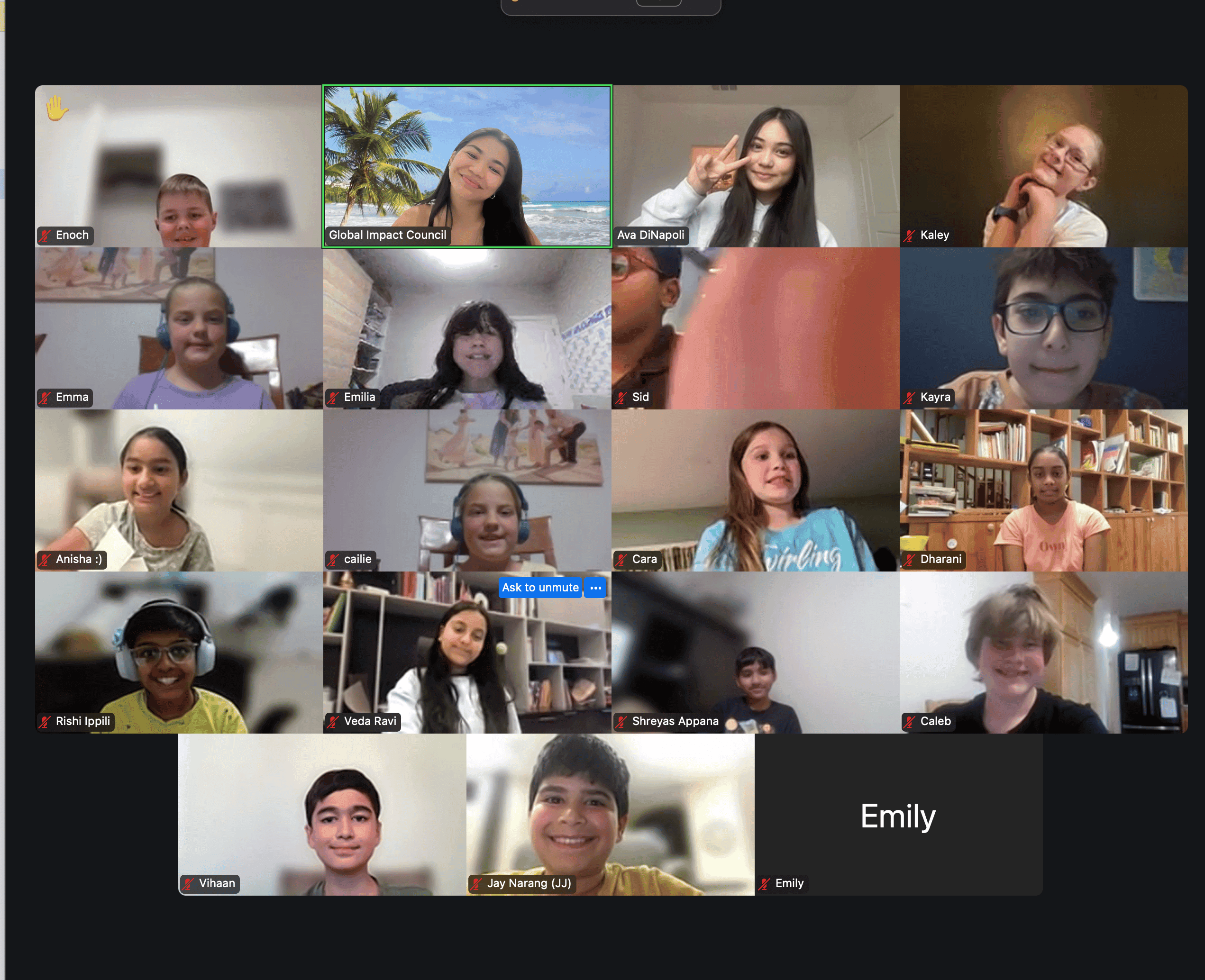 A Junior Speakers virtual class full of students on a video call