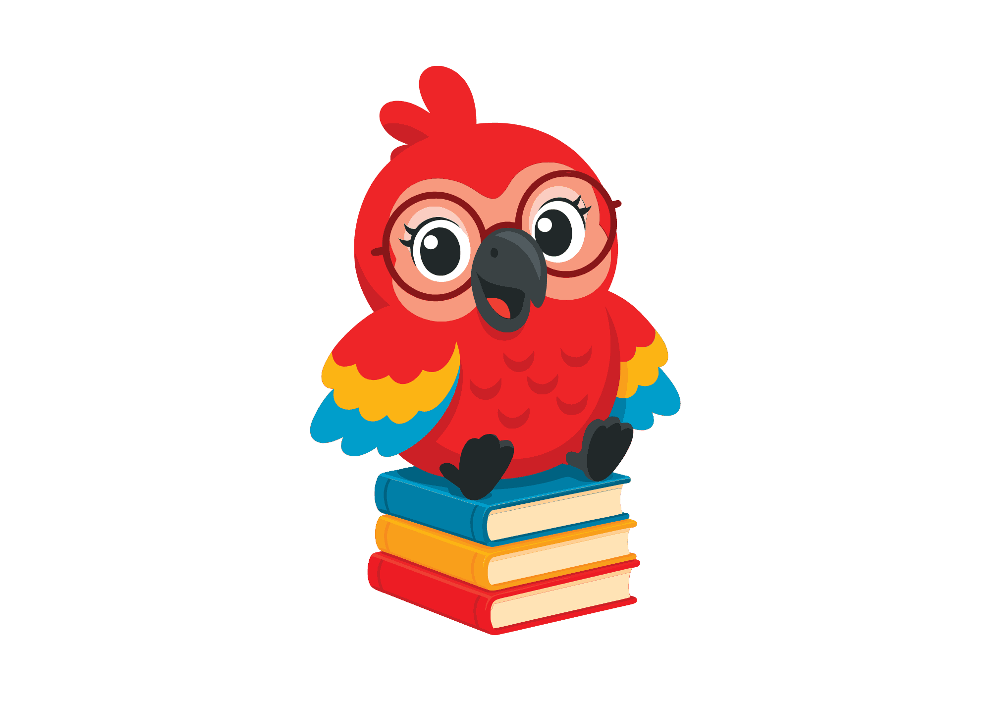 Junior Speakers parrot mascot sitting on a stack of books
