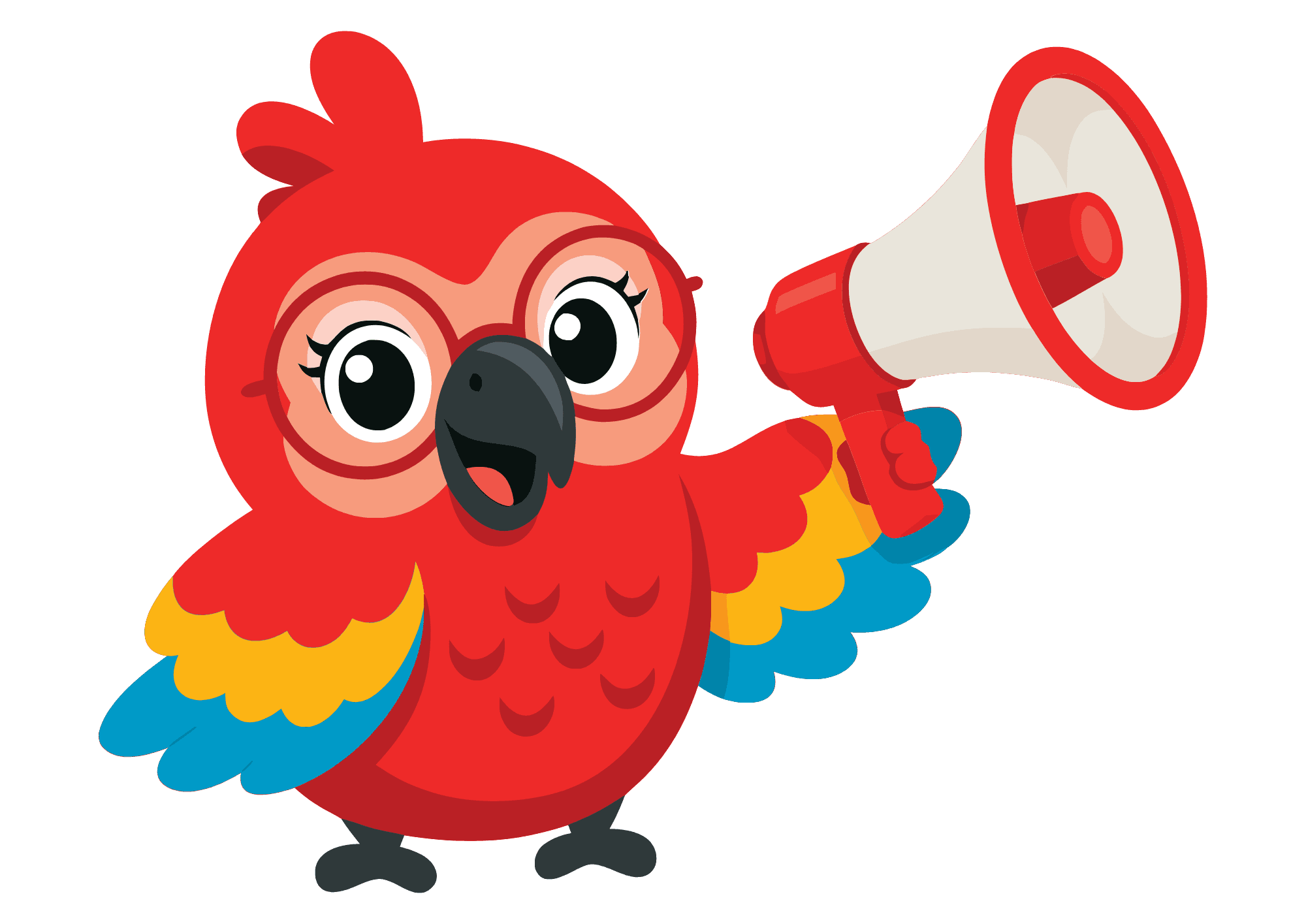Junior Speakers parrot mascot holding a megaphone
